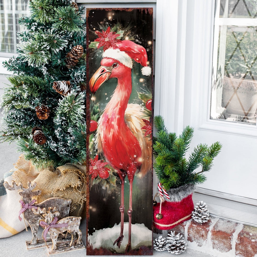 36in Flamingo Merry Christmas Porch Sign - Front Porch Welcome Sign, Modern Farmhouse Wall Decor, Vintage Christmas Decor for Outdoor - Tuesday Morning - Wall Signs