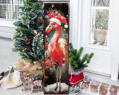 36in Flamingo Merry Christmas Porch Sign - Front Porch Welcome Sign, Modern Farmhouse Wall Decor, Vintage Christmas Decor for Outdoor - Tuesday Morning - Wall Signs