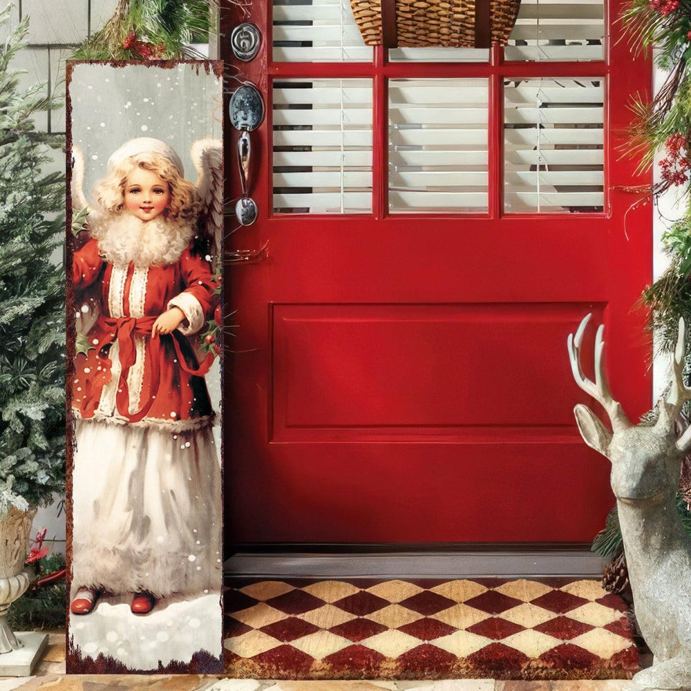 36in Girl Angel Merry Christmas Porch Sign - Front Porch Welcome Sign, Modern Farmhouse Wall Decor, Vintage Christmas Decor for Outdoor - Tuesday Morning - Wall Signs