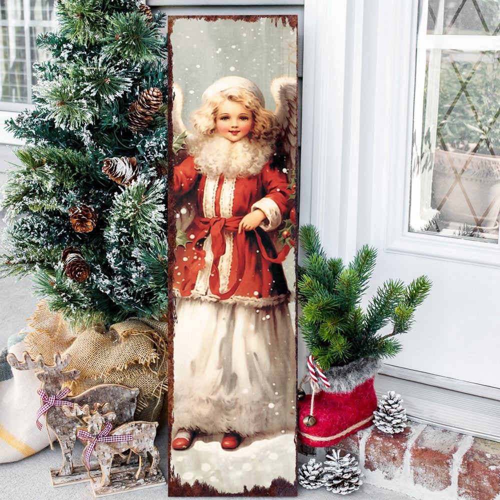 36in Girl Angel Merry Christmas Porch Sign - Front Porch Welcome Sign, Modern Farmhouse Wall Decor, Vintage Christmas Decor for Outdoor - Tuesday Morning - Wall Signs