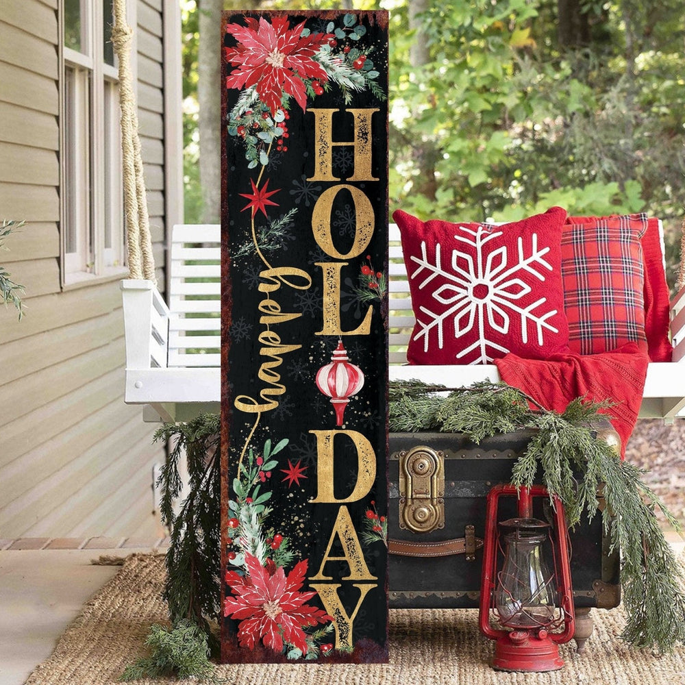 36in Happy Holiday Christmas Sign for Front Porch - Vintage Christmas Decoration, - Tuesday Morning - Wall Signs