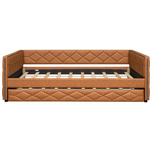 Upholstered Full Long Daybed With Trundle And LED Armrests - Brown
