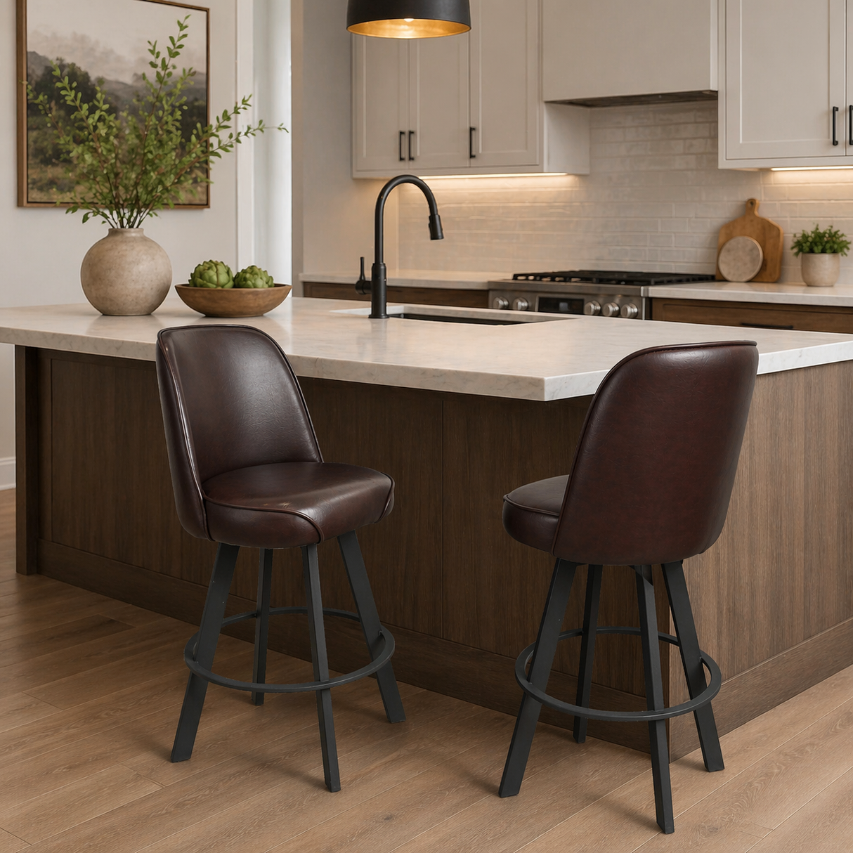 Set of 2 Upholstered Swivel Bucket-Seat Bar Stools