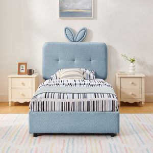 Twin Size Kids Upholstered Bed with Oversized Rabbit Ear Headboard, LED Light & 4 Storage Drawers, Boucle Fabric (79.5''X40.75''X41'')