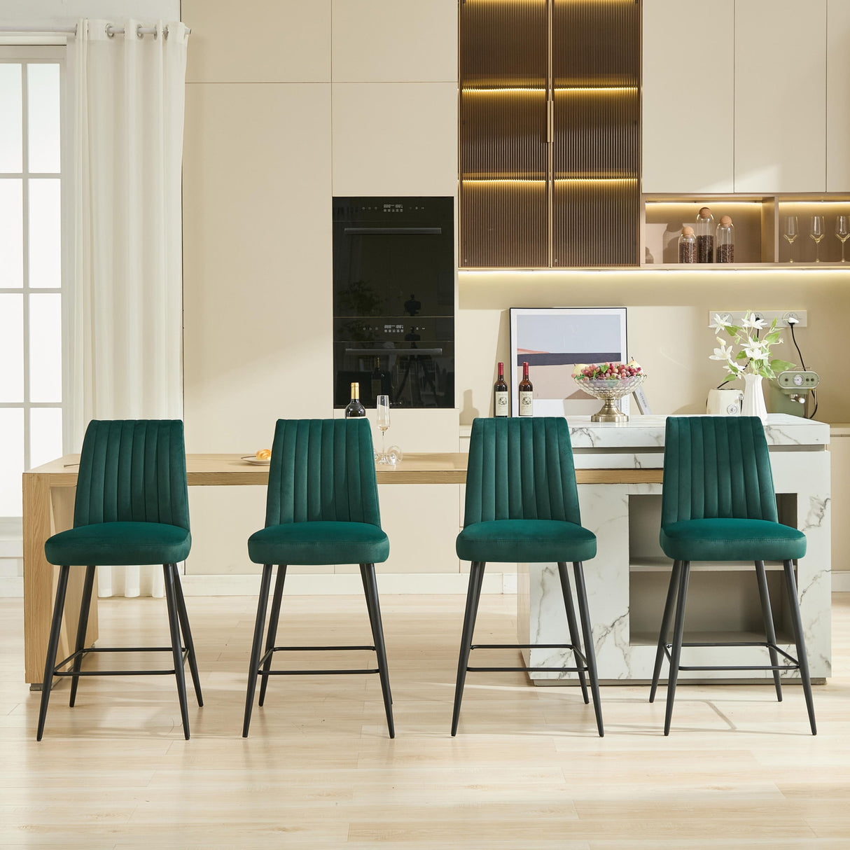 Adjustable Iron Feet Velvet Green Bar Chairs Set of 2