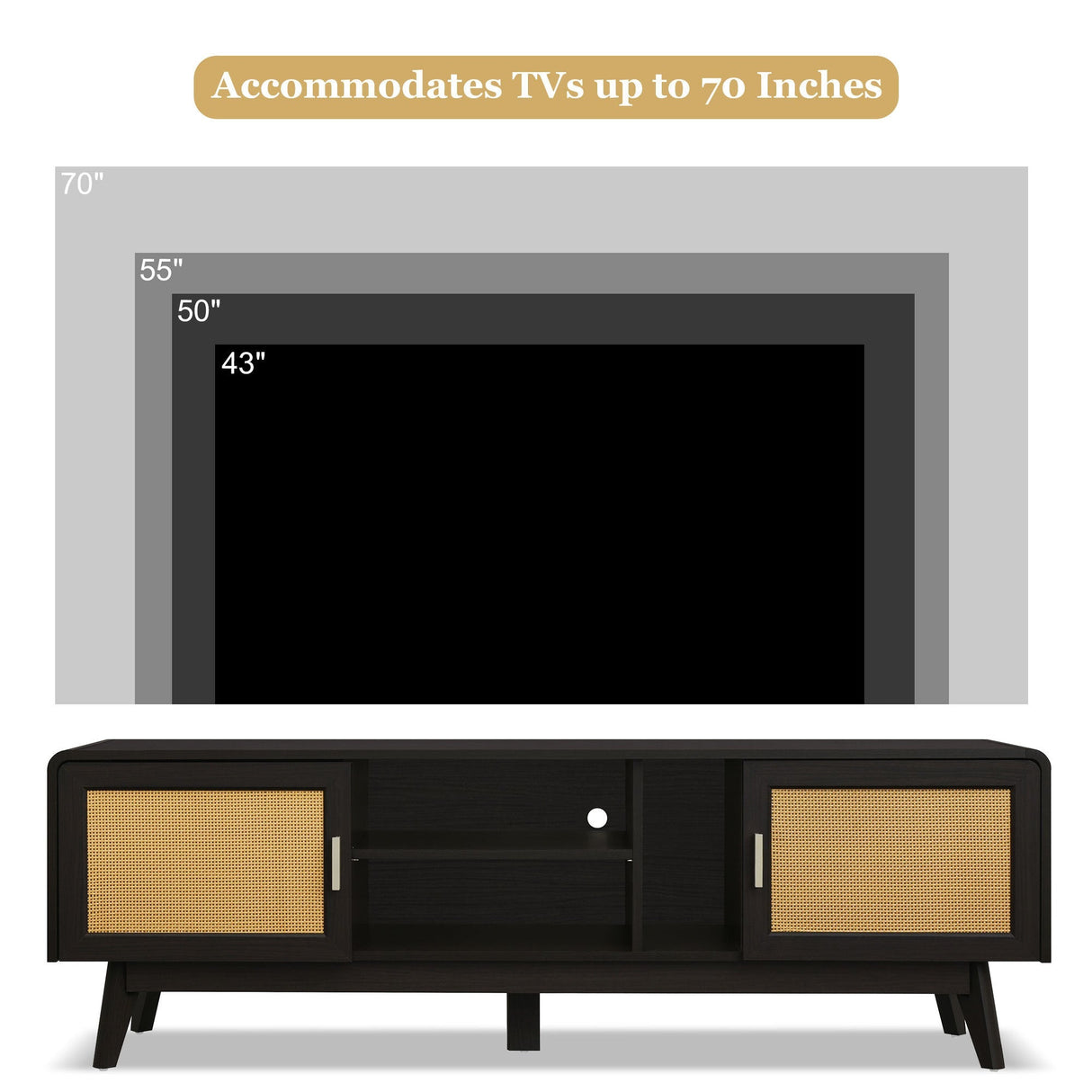 63'' Dark Rattan TV Stand with 2 Storage Cabinets and Solid Wood Legs