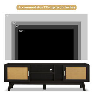 63'' Dark Rattan TV Stand with 2 Storage Cabinets and Solid Wood Legs