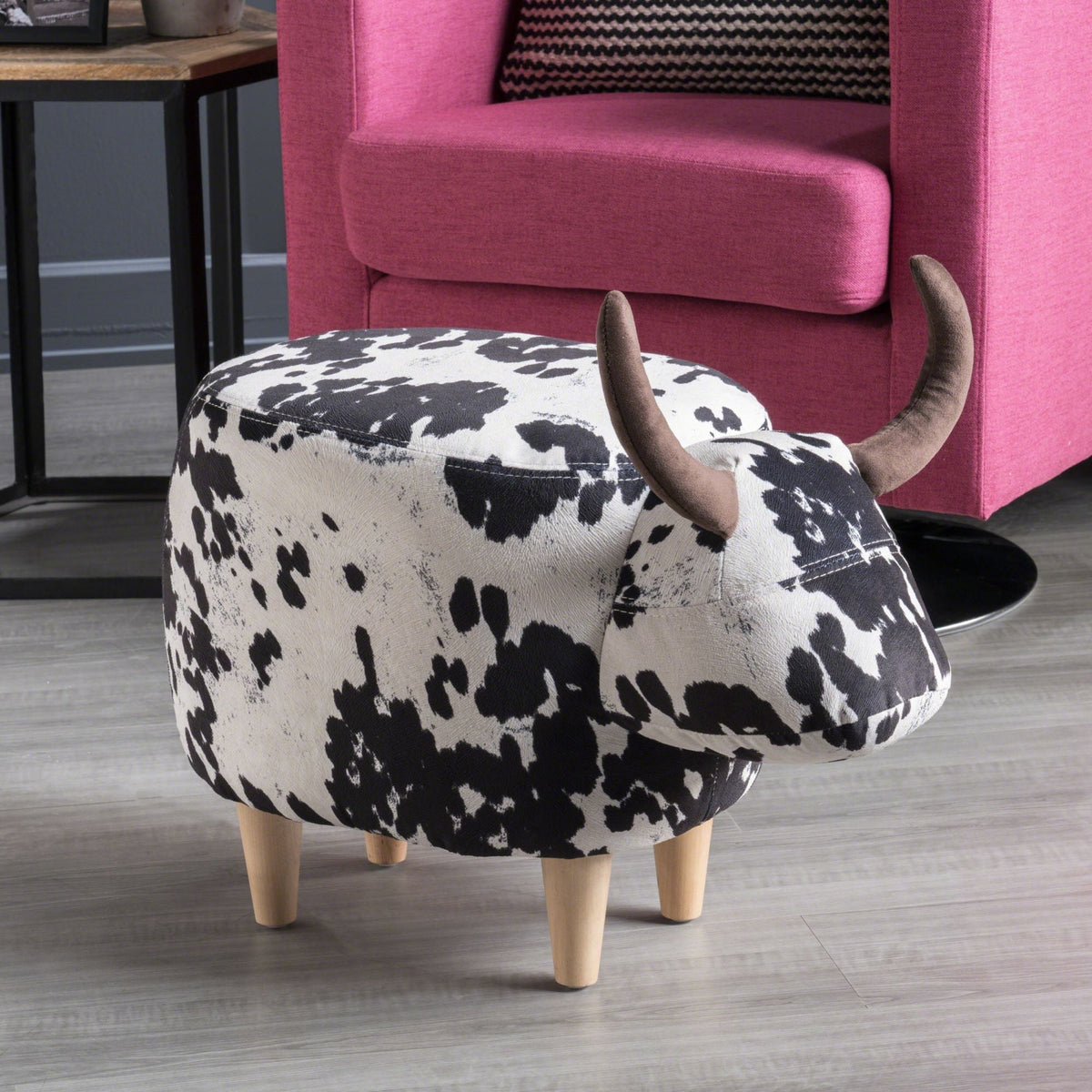 Cow Shaped Ottoman Footstool with Fabric and Wood - Black or Dark Brown