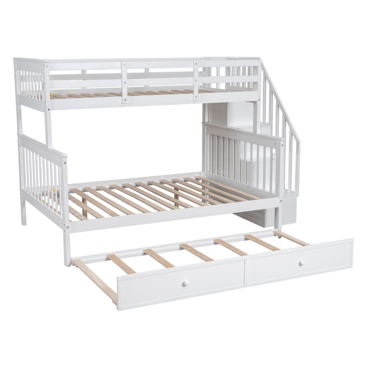 Bunk Bed With Twin Size Trundle, Storage And Guard Rail For Bedroom