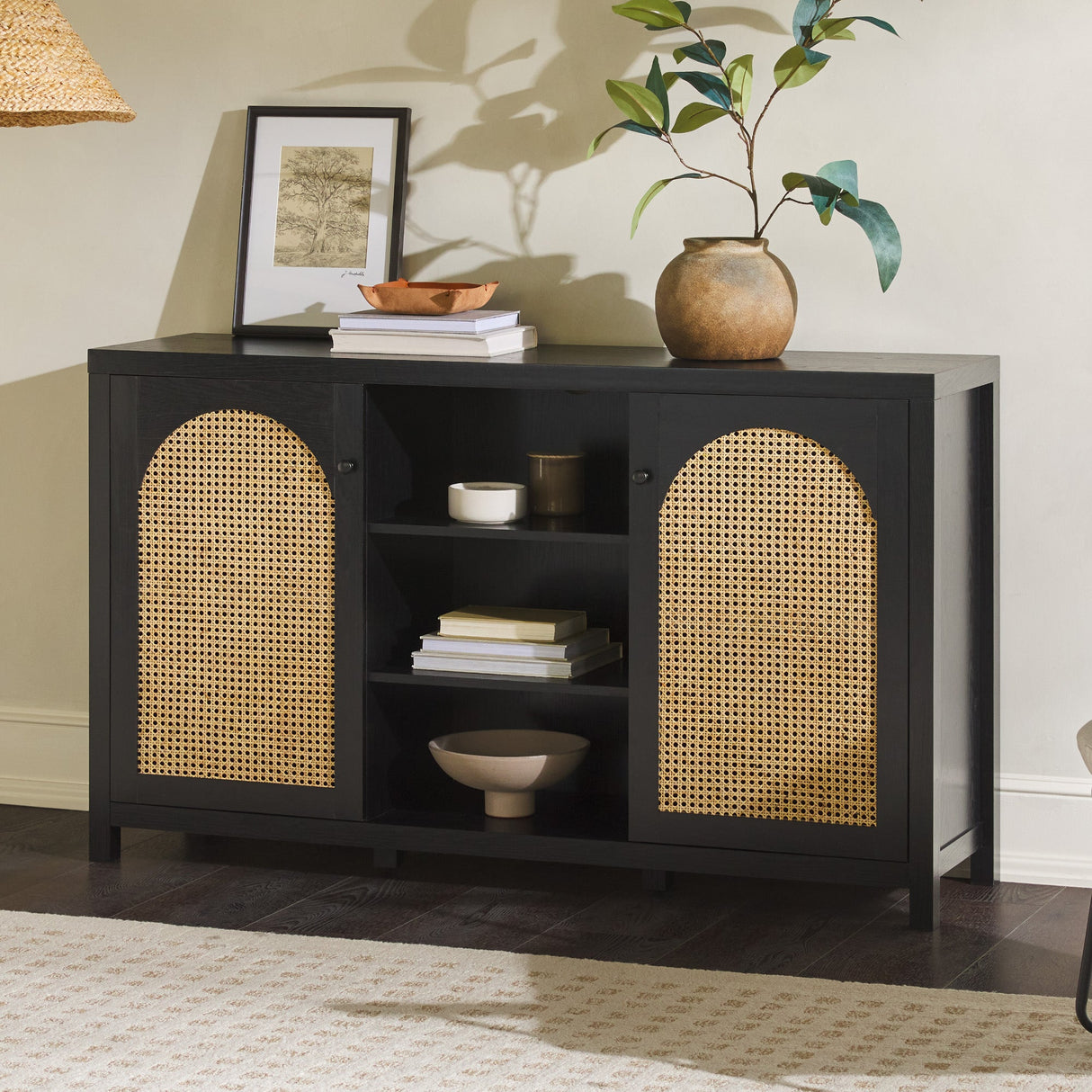 Celestialix 58" 2-Door Sideboard with Arched Rattan Panels