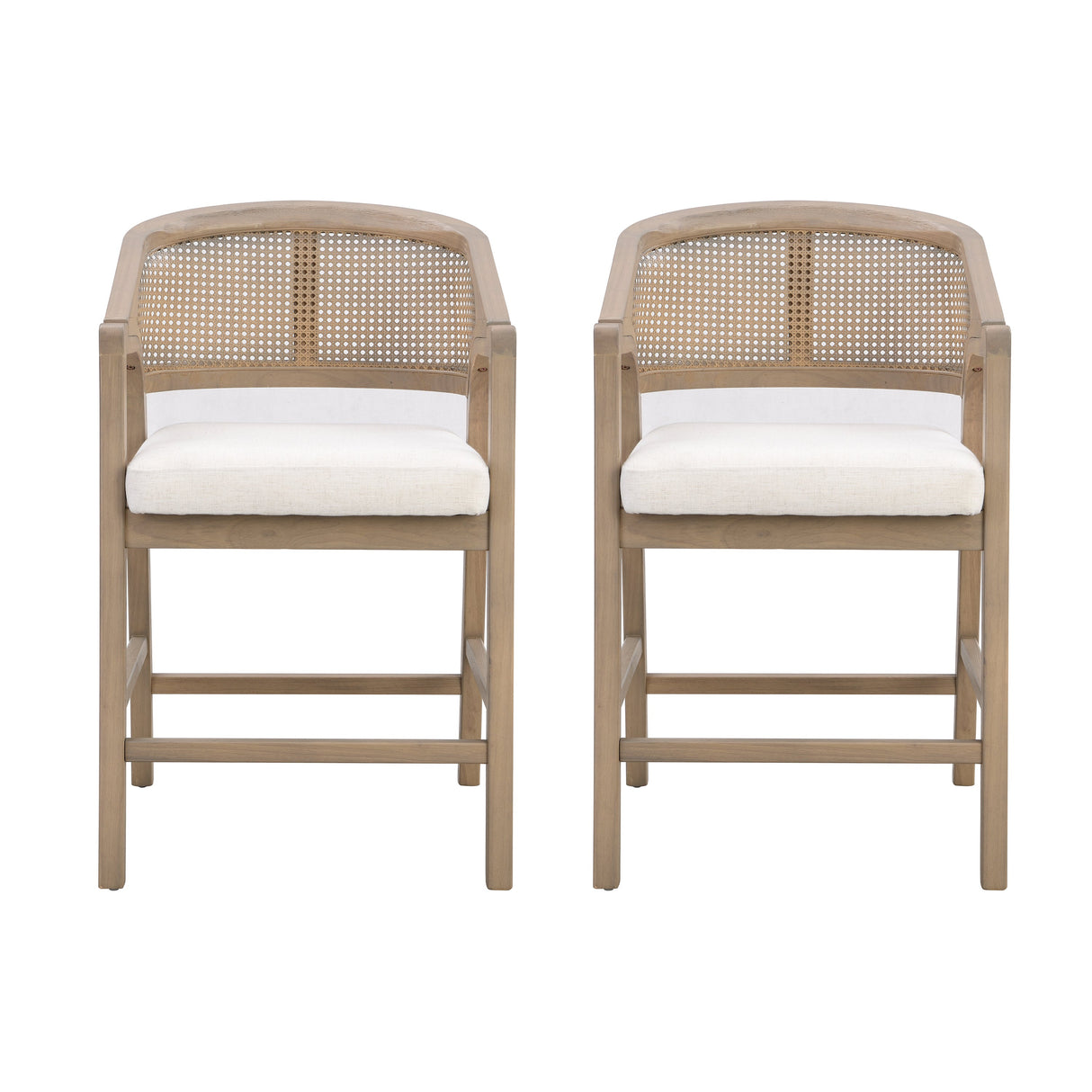 Wooden Frame Counter Stool with Rattan Back, Set of 2