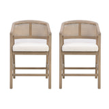 Wooden Frame Counter Stool With Rattan Back - Set of 2