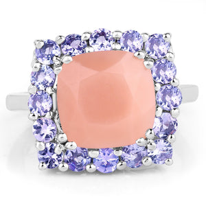 6.70 Carat Genuine Peach Moonstone and Tanzanite .925 Sterling Silver Ring