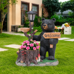 Decorative Standing Black Bear Garden Planter with Solar-Powered Lantern