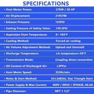 50HP Rotary Screw Air Compressor, 219CFM, 125PSI, 460V 3-Phase