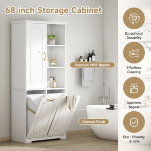 Freestanding Tall Storage Cabinet With 2 Tilt Out Hampers, Adjustable Shelves, Soft Close Door, Door Mounted Organizer - White