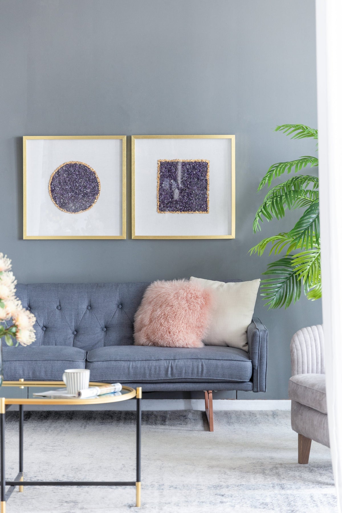 Elegant Shadow Box Duo Wall Art with Purple Amethyst Crystals - Neutral/Gold
