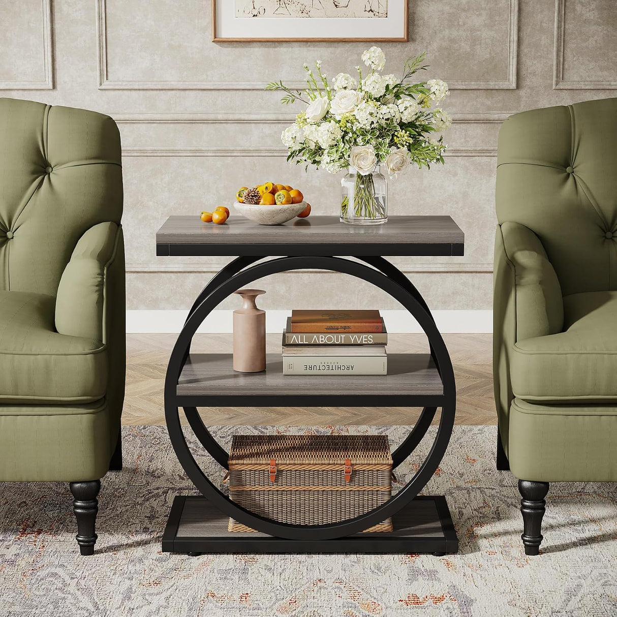 Industrial Narrow End Table With 3 Shelves