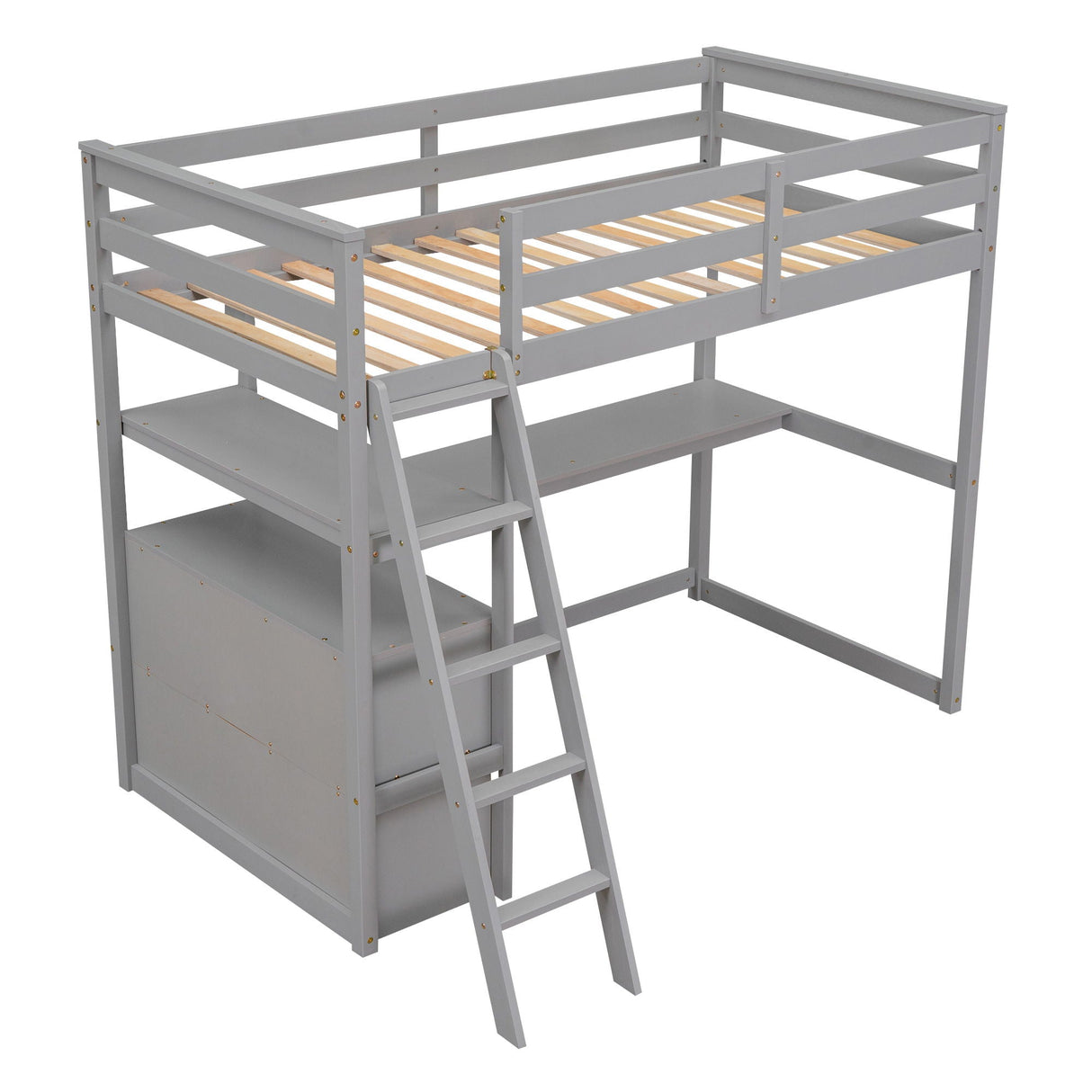 Modern Loft Bed With Built In Desk, Shelves, And 2 Drawers