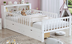Bed With Headboard Storage Rack, 2 Under Bed Drawers, 3 Side Guardrails For Safety