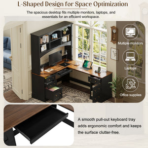 Space-Saving L-Shaped Computer Desk with Keyboard Tray & Charging Stations