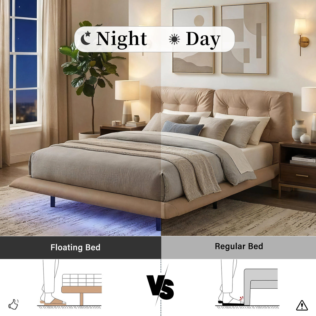 Queen Size Upholstered Floating Bed Frame with LED Lights, Khaki
