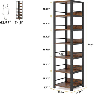 Tall 6 Tier Corner Shelf, Narrow Bookshelf Storage Rack, Rustic Brown