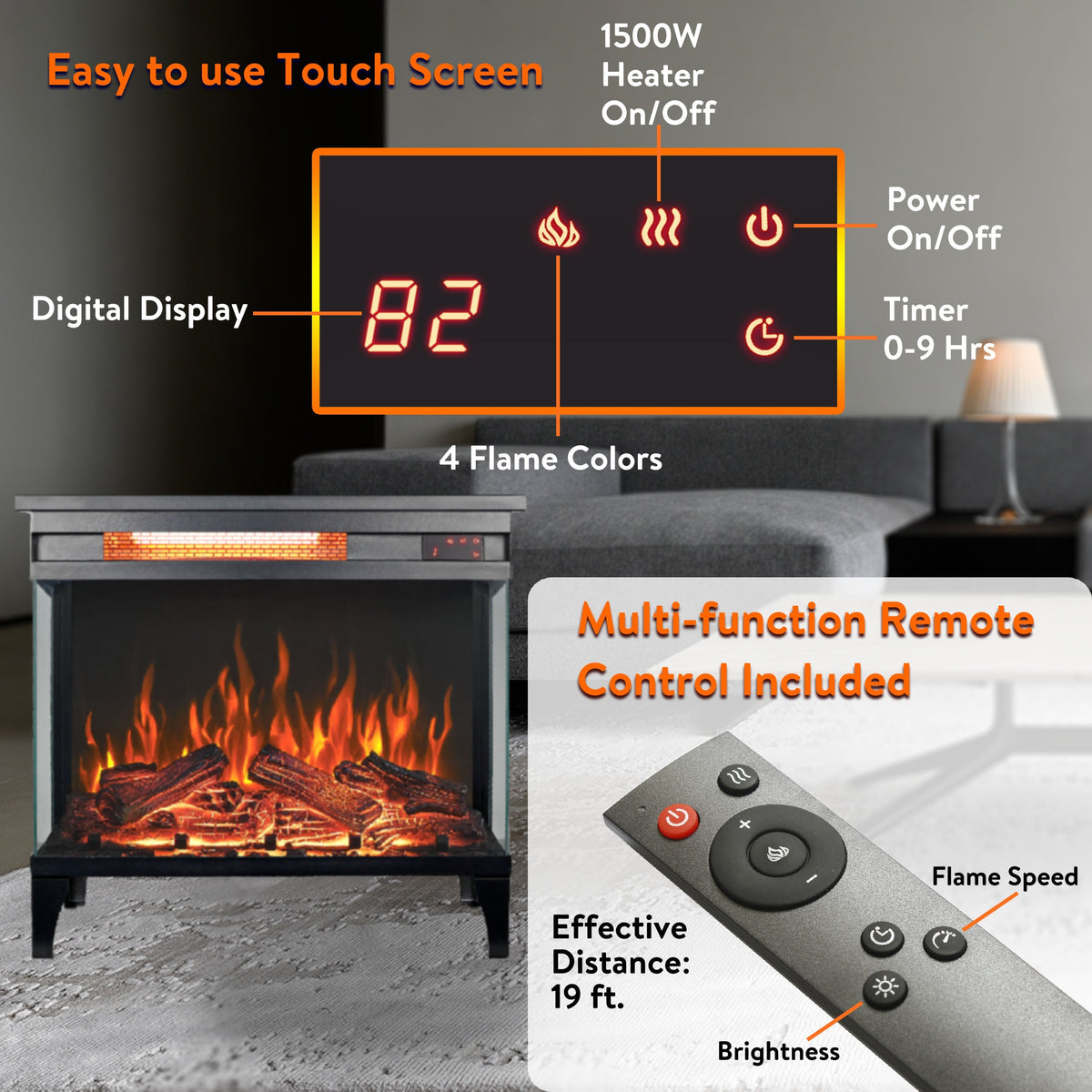 24 Inch Three-Sided Glass Electric Fireplace