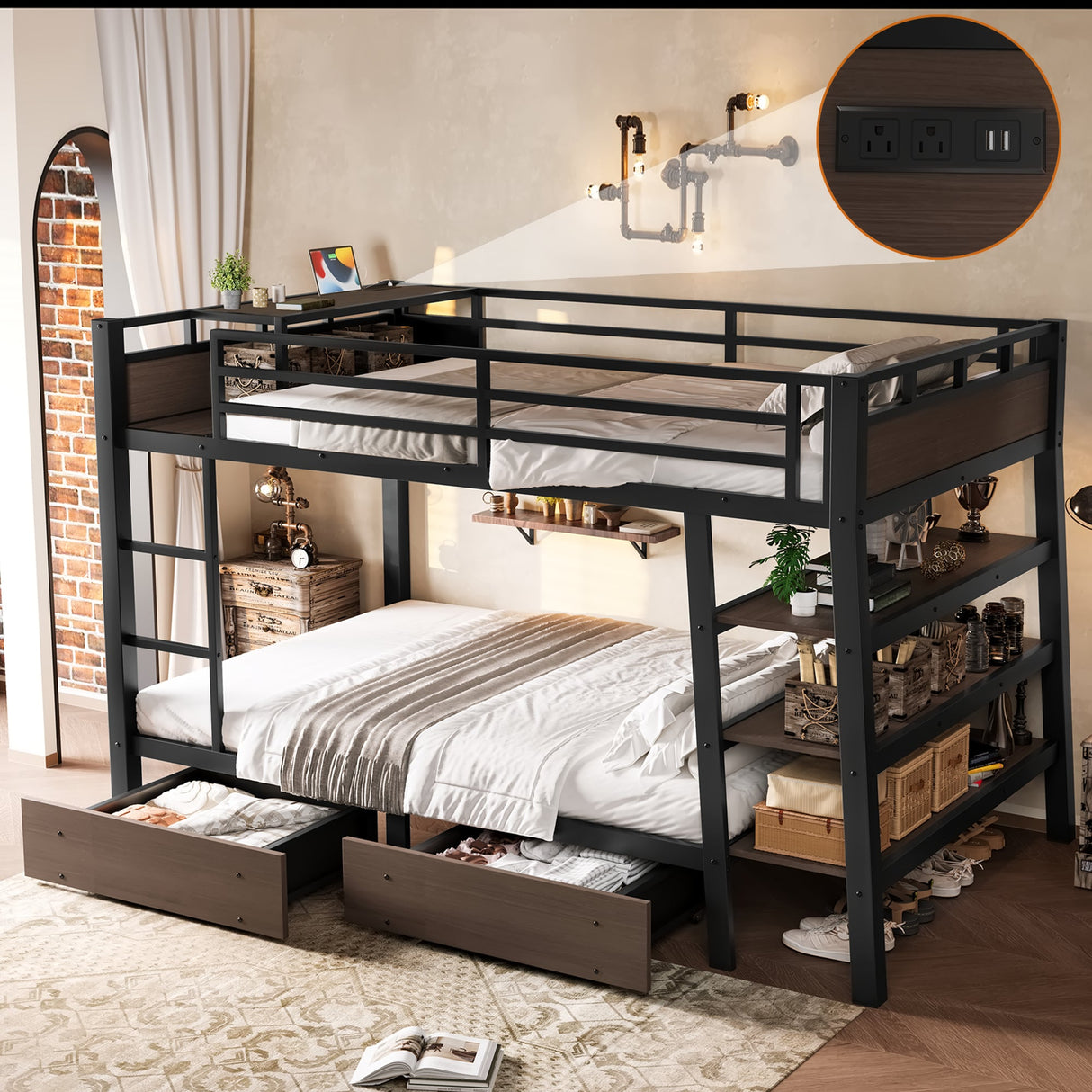 Full Size Metal Bunk Bed with Storage Shelves and USB Power Strip
