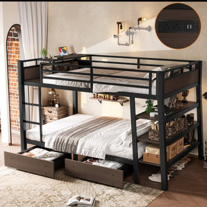 Full Size Metal Bunk Bed with Storage Shelves and USB Power Strip
