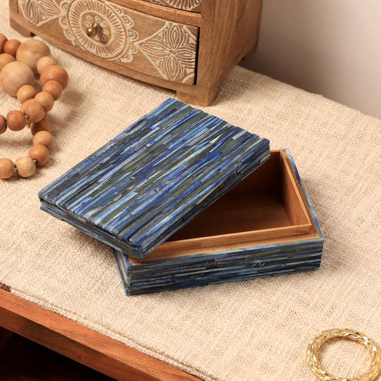 Yareli Handcrafted Sky-Blue Dyed Bone Inlay Decorative Box - Coastal Charm