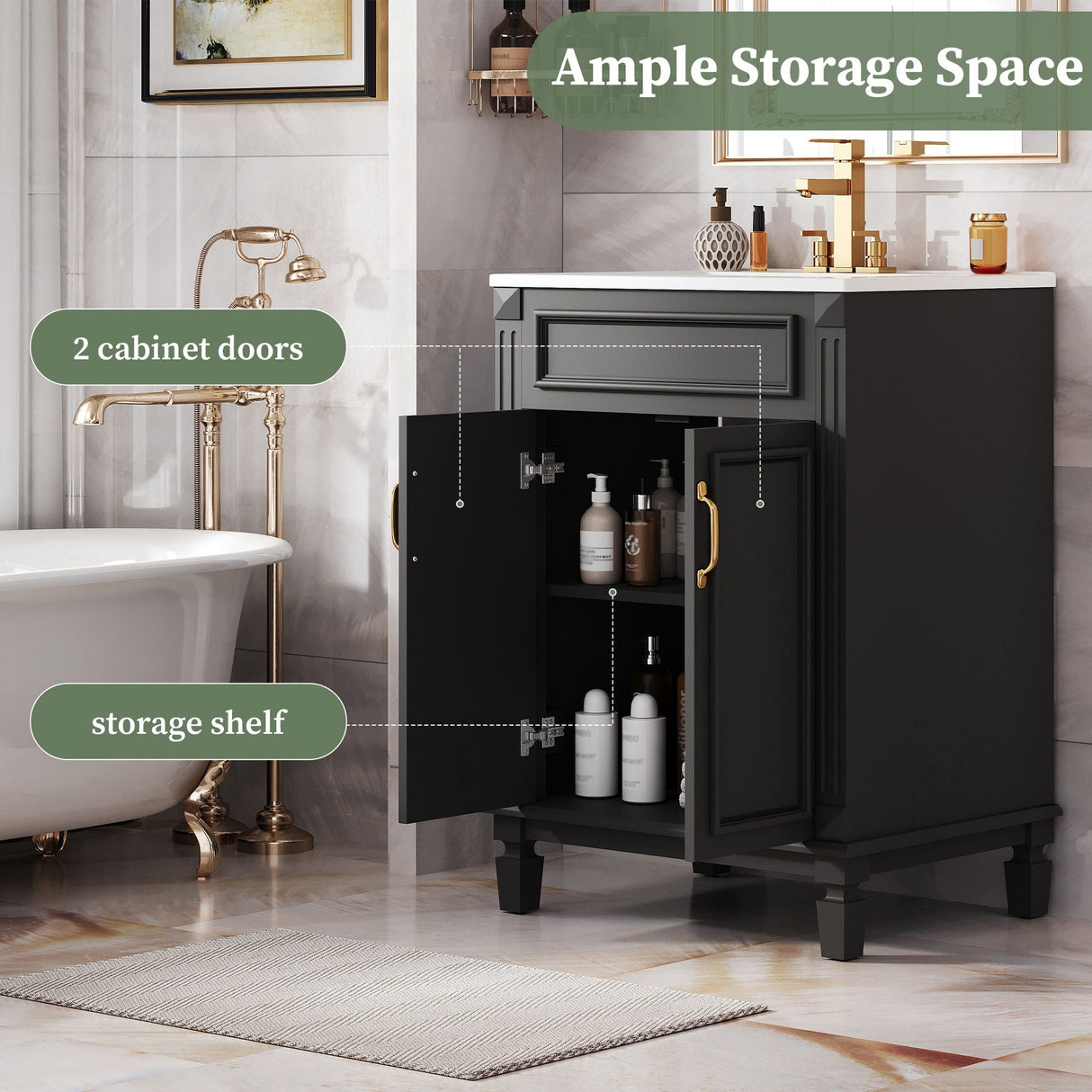Bathroom Vanity With Top Sink, Cabinet With 2 Soft Closing Doors