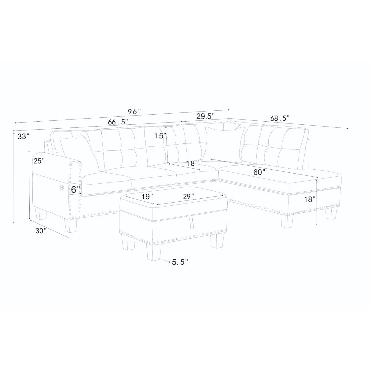 Camden - Power Sectional Sofa With Storage Ottoman And Built In Charging Ports - Gray