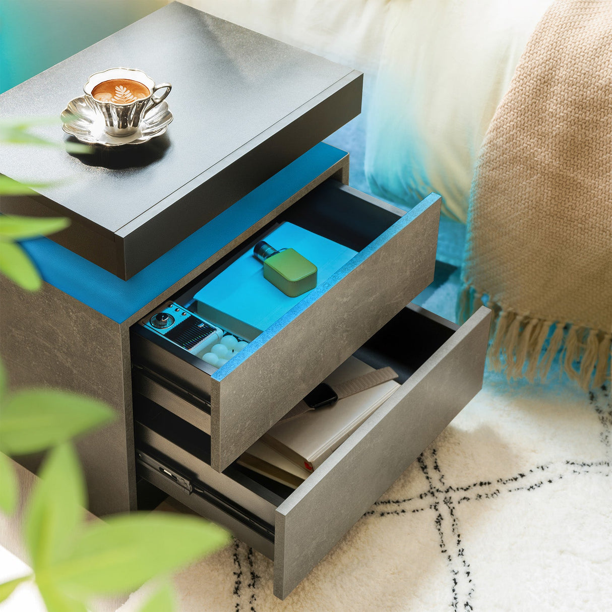Modern LED Nightstand with 2 Drawers for Bedroom