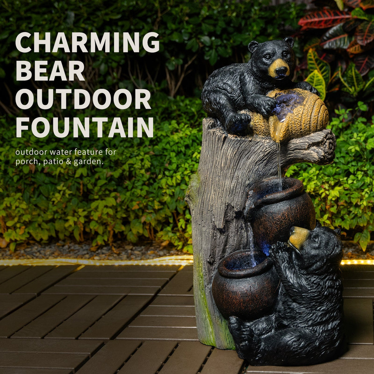 Bear Outdoor Water Fountain with LED Lights - Brown Grey