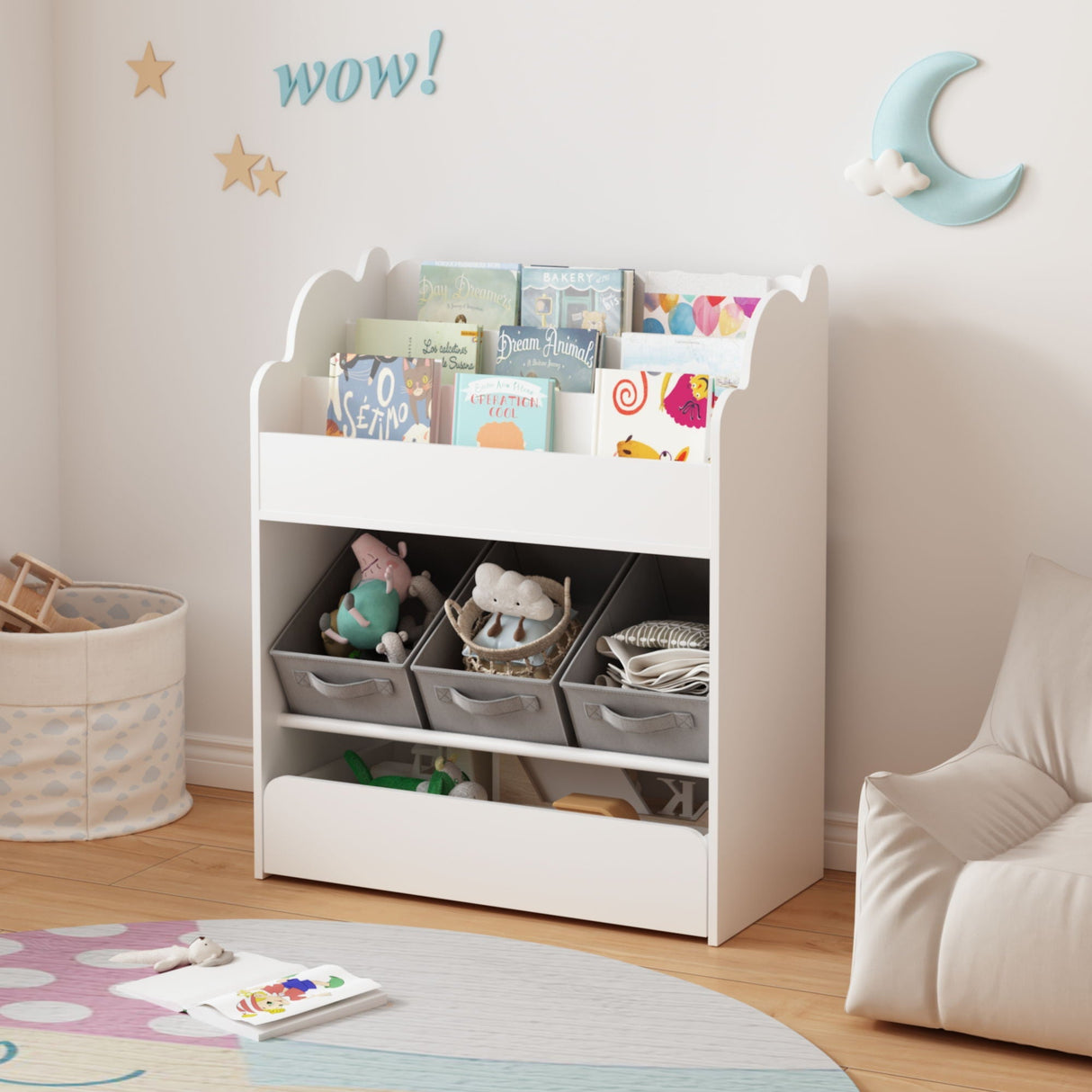 Bookshelf With Storage Bins And Drawer, Multi-Functional Book Organizer For Toddlers - White