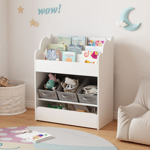 Bookshelf With Storage Bins And Drawer, Multi-Functional Book Organizer For Toddlers - White