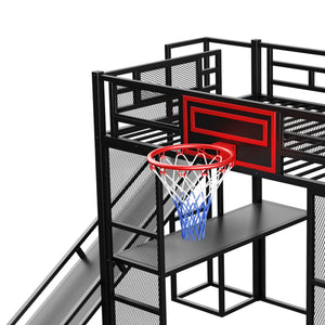 Loft Bed With Built In Desk, Open Wardrobe, Basketball Hoop, Slide And Staircase