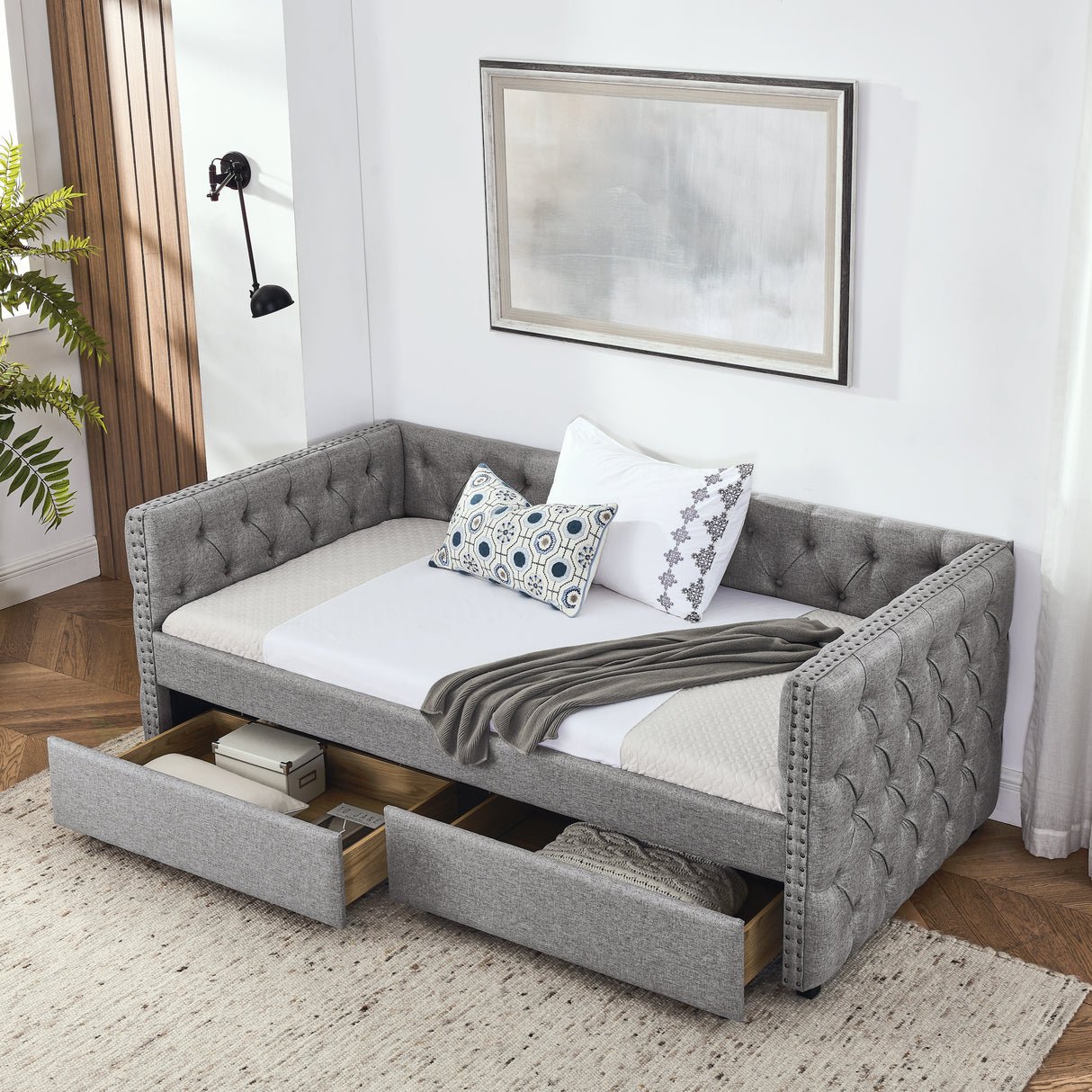 The Upholstered Linen Twin Daybed with Trundle and Storage Drawers