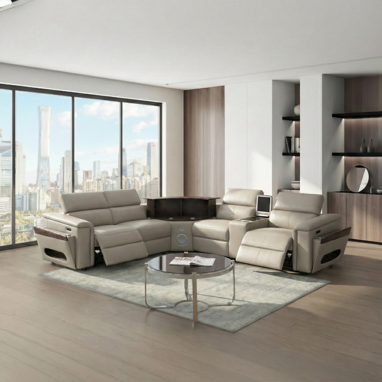 Nova Modern Style Sectional with Console, Wedge, and Bluetooth