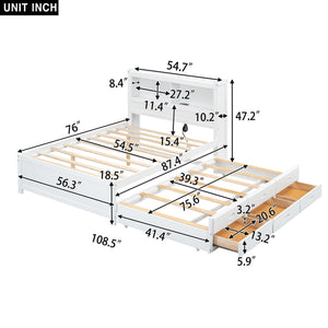 Full Size Platform Bed With Trundle, Drawers, USB Ports And Built In Shelves - White