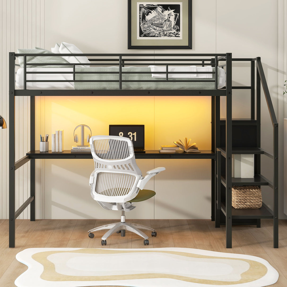 Full Size Loft Bed With Desk, Storage Staircase, Small Wardrobe And LED Light - Black