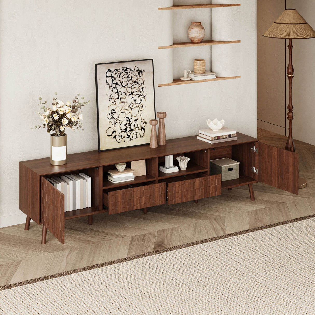 TV Stand With Drawers And Cable Management - Walnut