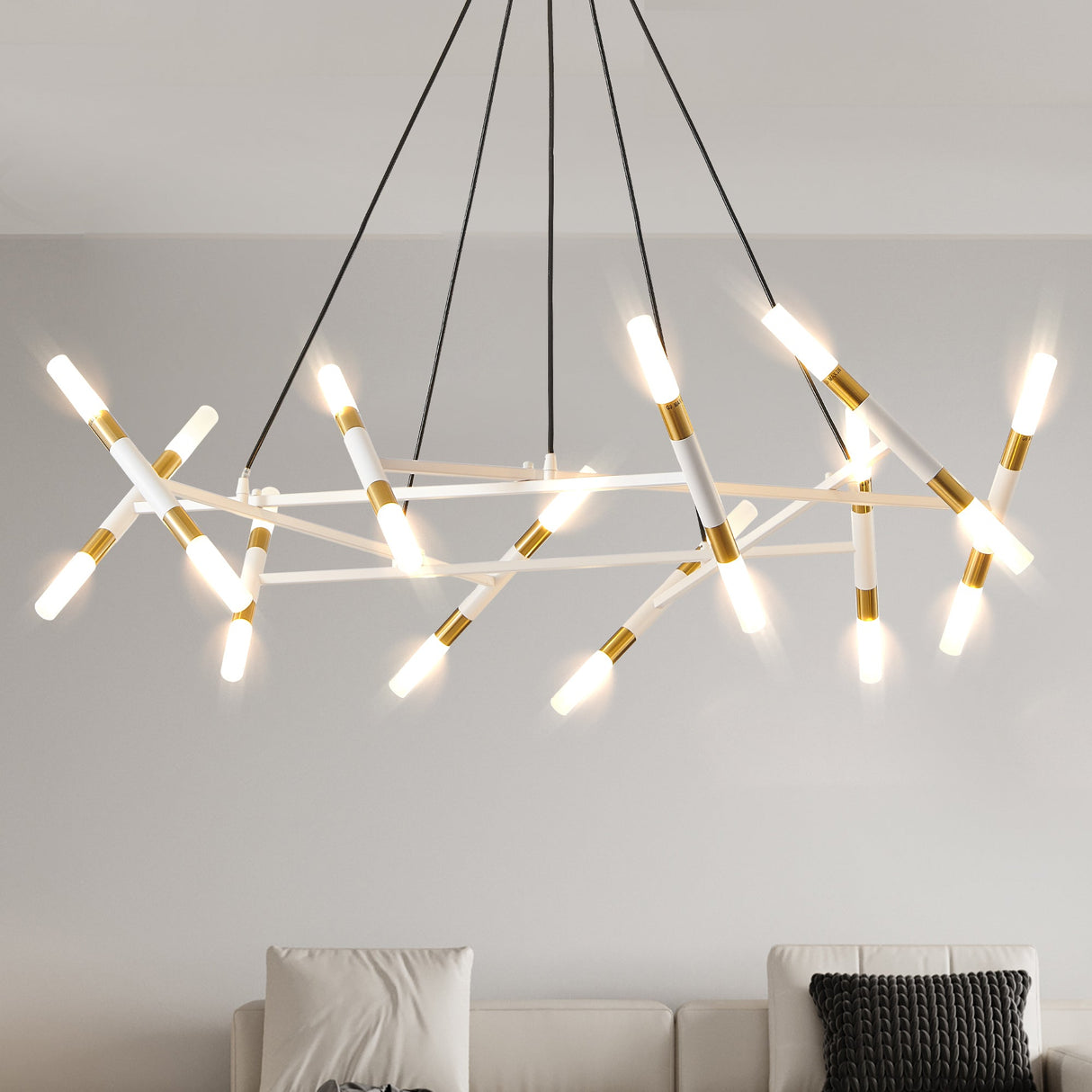 41' White & Golden Modern Chandelier Light Fixture, Branch Design with Frosted Tubes, Black Cords, Adjustable Height Pendant Light for Dining Room, Living Room, or Kitchen Island (Bulb Not Included)