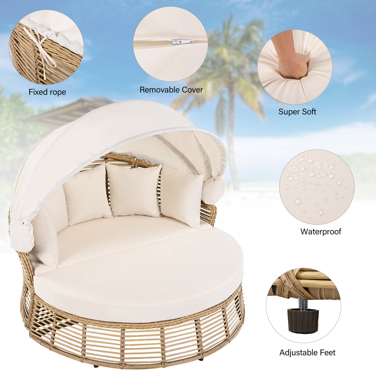 Outdoor Patio Rattan Round Daybed with Retractable Canopy