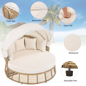 Outdoor Patio Rattan Round Daybed with Retractable Canopy