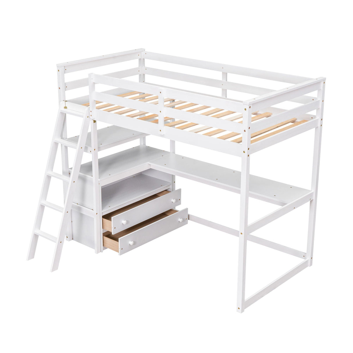 Modern Loft Bed With Built In Desk, Shelves, And 2 Drawers