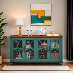 Elegant European Antique Style 4-Door Cabinet with Tempered Glass Doors, Dark Green MDF with Wood Veneer and Solid Wood Legs, 59.45L x 15.75W x 31.89H inches