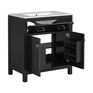 Bathroom Vanity With Ceramic Sink, Modern Single Bathroom Cabinet With 2 Doors And A Shelf, Soft Close Doors