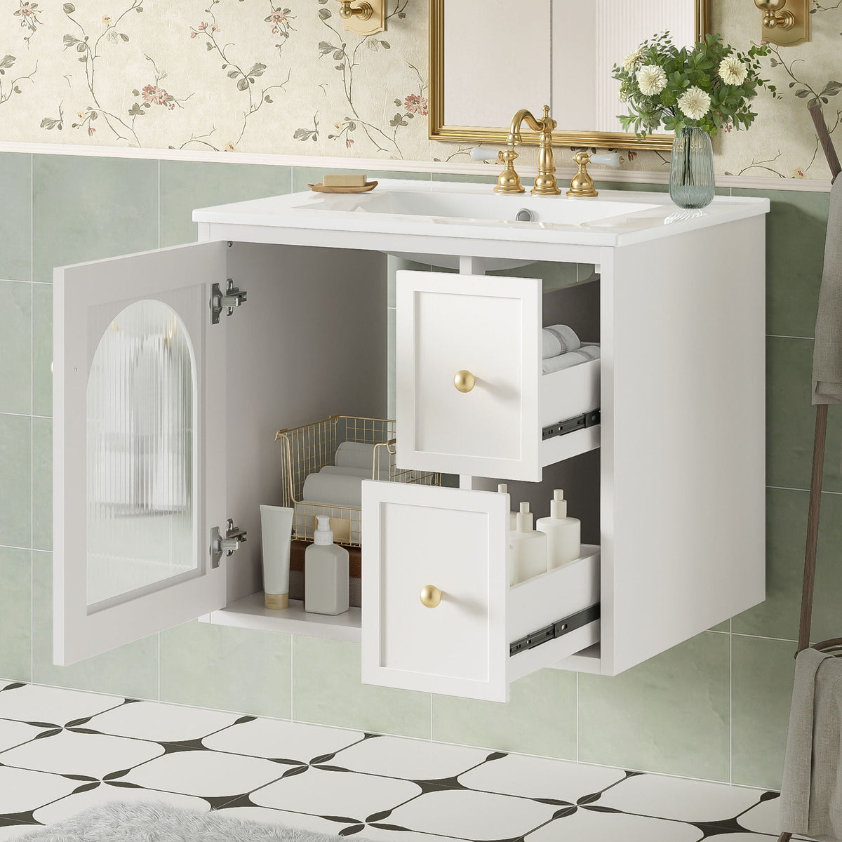 Wall-Mounted Bathroom Vanity Set With Sink, 2 Drawers And Soft-Close Door